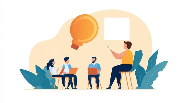 Corporate training session, mentor teaching new employees, flat design illustration