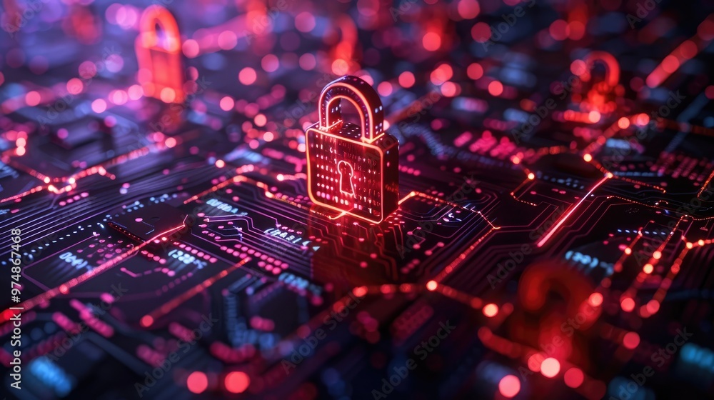 Poster glowing red digital padlocks on a microchip surface symbolize cybersecurity and data protection in a