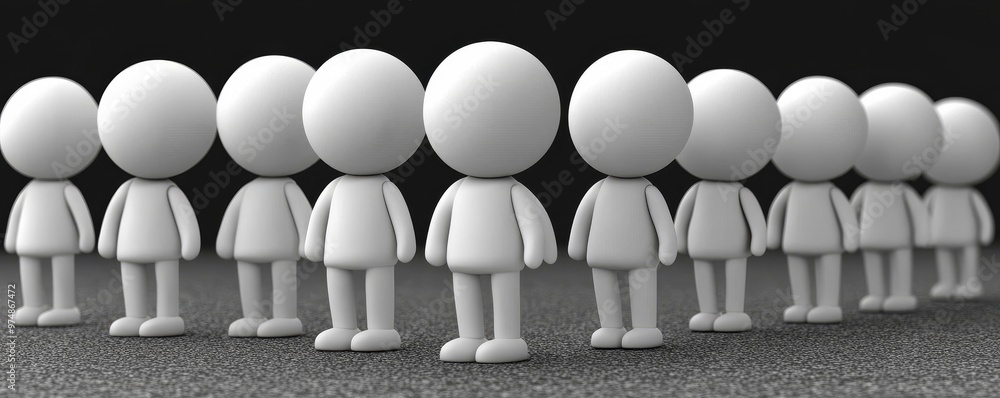 Poster a lineup of white 3d figures standing in a row, symbolizing teamwork, unity, and community in a mini