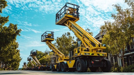 Yellow Boom Lift and Scissor Lift on Street. AI generated illustration