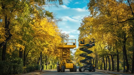 Yellow Boom Lift and Scissor Lift on Street. AI generated illustration