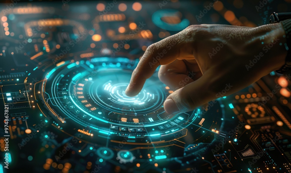 Poster hand interacting with futuristic digital interface, showcasing technology and innovation in a cyber 