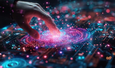Hand interacting with futuristic digital interface, showcasing advanced technology and innovation in a vibrant, glowing environment.