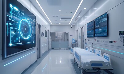Obraz premium High-tech hospital room with advanced medical equipment, digital monitors, and a sterile, modern design for intensive care.