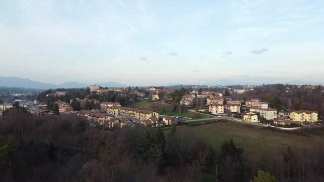 drone shot flying over an italian small town
