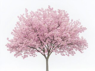Cherry blossom tree, delicate pink flowers, isolated on white background, blooming