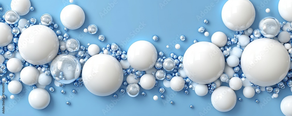 Poster a vibrant composition of white and blue spheres creating a dynamic pattern against a blue background
