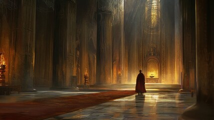 A lone figure in a golden, ancient hall