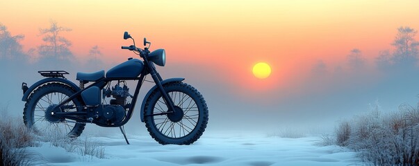 Obraz premium A vintage motorcycle stands alone in a snowy landscape at sunrise, capturing the essence of solitude and adventure in winter.