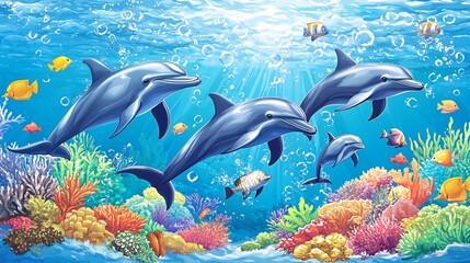 Obraz premium A pod of four dolphins swim through a vibrant coral reef with colorful fish, sunlight, and air bubbles.