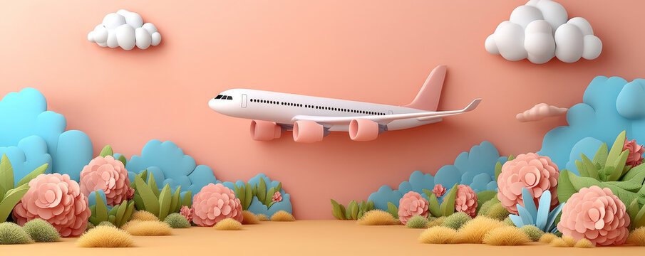 A whimsical paper-crafted airplane flying over colorful clouds and flowers, perfect for designs related to travel and adventure.