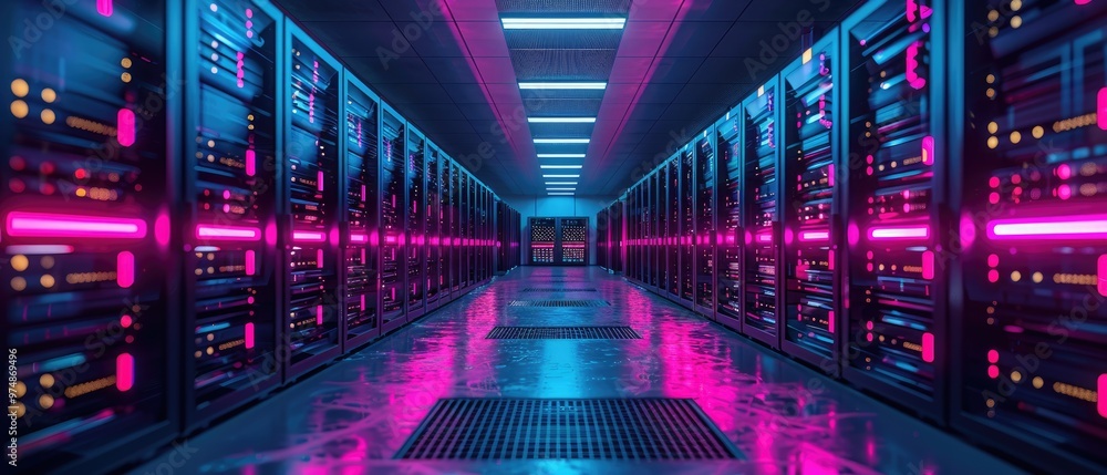 Poster modern data center with rows of server racks illuminated by vibrant blue and pink lights, showcasing