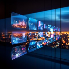 Augmented reality brand experience, floating holographic displays, city view