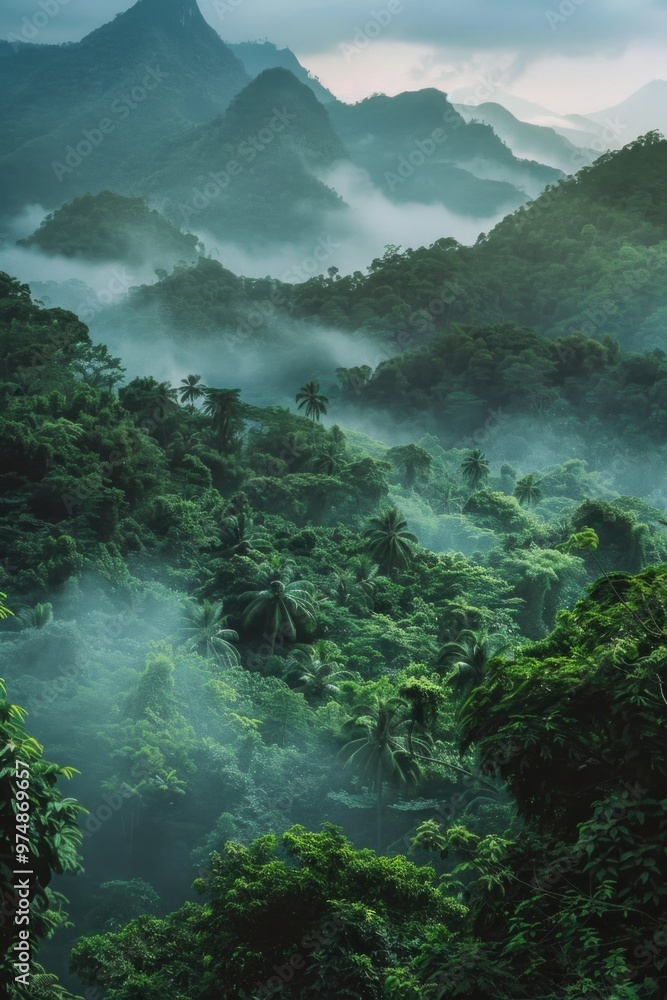 Poster a scenic view of a dense forest with towering mountains in the background