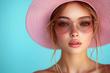 Woman in pink hat and sunglasses looking at the camera.