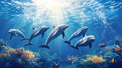 A pod of five dolphins swim in a vibrant coral reef with sunlight shining through the water.