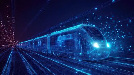 Naklejka premium Abstract Polygonal 3D Wireframe of Modern Train. AI generated illustration