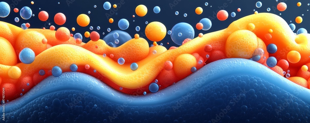 Poster colorful abstract illustration with vibrant bubbles and waves, showcasing unique patterns and fluid 