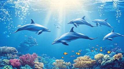 Obraz premium A pod of dolphins swims through a vibrant coral reef, sunlight streaming down through the water.