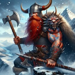 Vikingo guerrero, tatuado y musculoso.