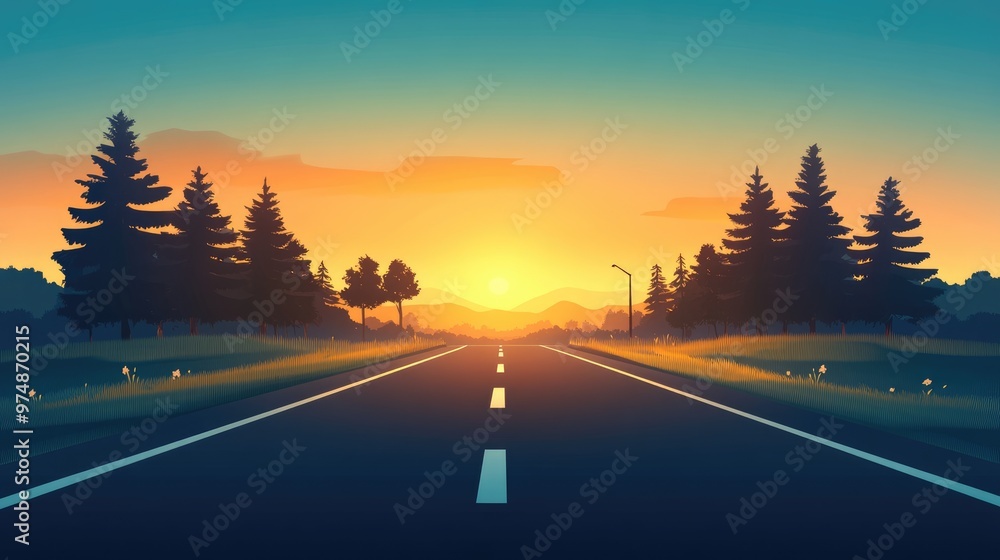 Poster empty road in the afternoon with a silhouette of trees in the background a simple flat illustration 
