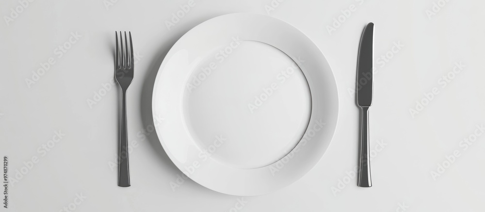 Poster empty dinner plate with fork and knife on a white background symbolizing hunger or dieting 3d render