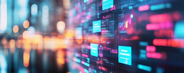 Augmented reality engagement metrics, floating digital screens, urban background