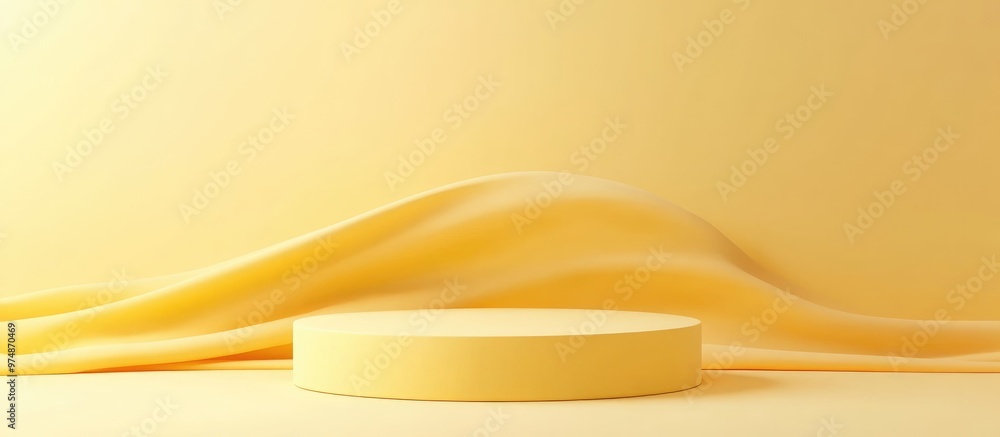 Poster warm and bright pastel yellow 3d rendering of an empty product display scene featuring a cylindrical