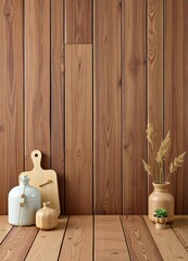 a wooden shelf with vases on it and a wooden wall behind it