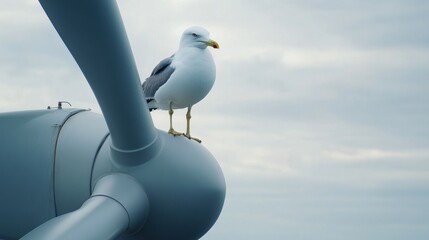 Seagull perched on wind turbine blade under cloudy sky in coastal area