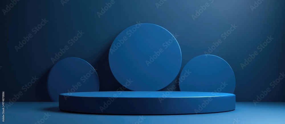 Poster 3d rendering of an empty podium set against a deep blue background ideal for showcasing products