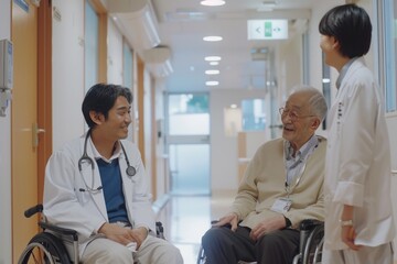 Obraz premium A person in a wheelchair discussing medical matters with a healthcare professional