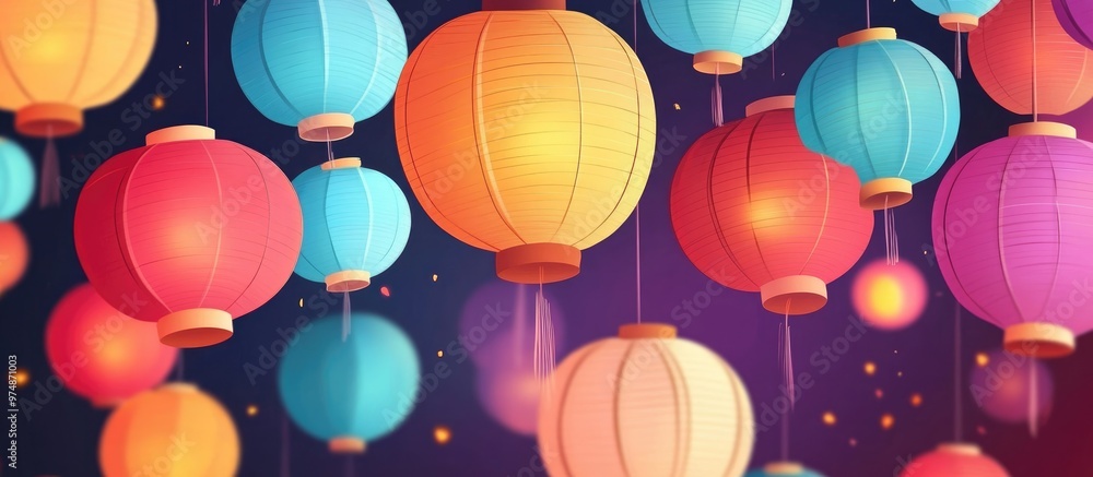Poster vibrant paper lanterns in a flat design creating a colorful background