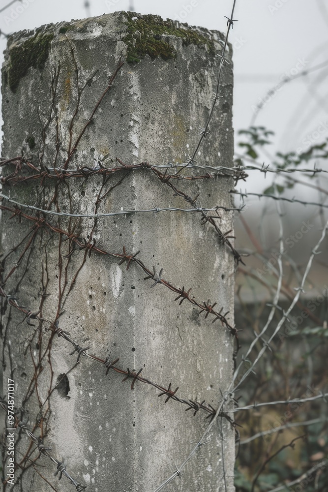 Poster a close-up view of a fence post wrapped in barbed wire, often used for security and boundary marking