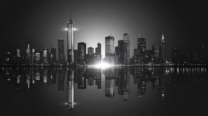 Black and white silhouette of a city skyline with reflections Minimalist design suitable for tourism presentations banners placards or websites featuring city landmarks