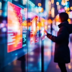 Fototapeta premium Augmented reality promotional event, 3D hologram ads, urban environment
