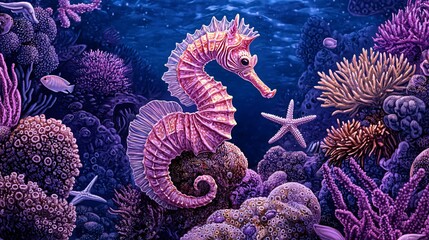 Obraz premium A pink seahorse swims amongst vibrant coral reef with a starfish and fish.