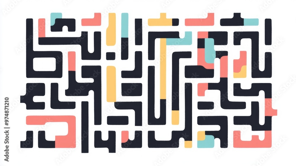 Poster abstract colorful labyrinth design featuring black elements on a white background engaging game conc