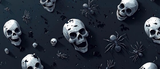 Spooky Cartoon Halloween Wallpaper with 3D Skulls, Bones, and Spiders on Dark Background for Festive Design Projects