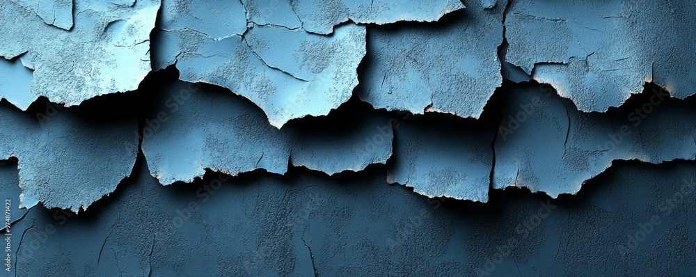 Poster textured blue surface with peeling paint, showcasing a striking contrast between deep colors and int