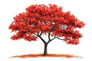 Detailed maple tree with vibrant red leaves, isolated on white, autumn theme