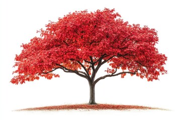 Detailed maple tree with vibrant red leaves, isolated on white, autumn theme