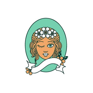 traditional tattoo with banner of a maiden with crown of flowers winking