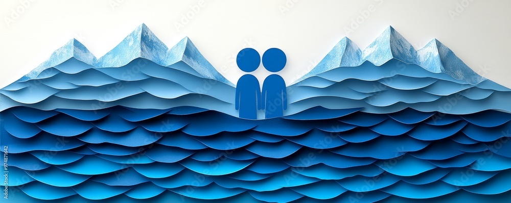 Poster two figures stand on stylized waves with mountains in the background, representing unity and harmony