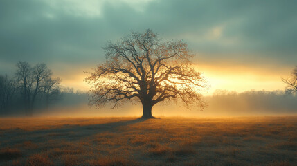A solitary tree stands tall in a misty field at dawn with soft sunlight breaking through the fog