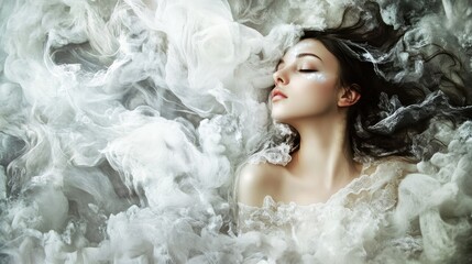 Fototapeta premium A Woman with Closed Eyes Immersed in White Smoke