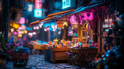 Fototapeta premium Vibrant night market with illuminated stalls and colorful decorations in a bustling urban setting