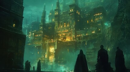 Silhouetted figures standing before a grand, glowing, gothic palace in a green, misty night.