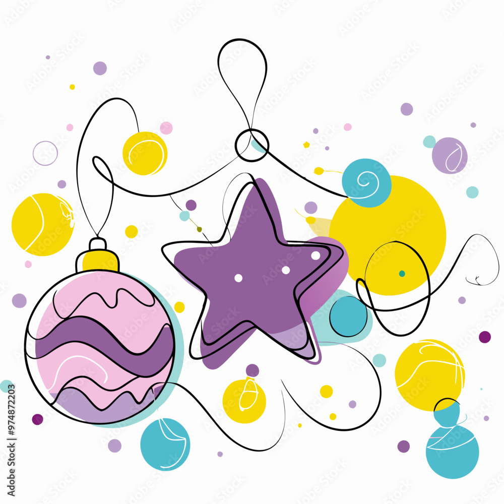 Wall mural colorful christmas ornaments including a star and bauble with playful design elements