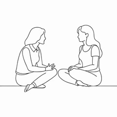 two young women engaged in a deep conversation while sitting cross-legged on the floor with a simple background copy space